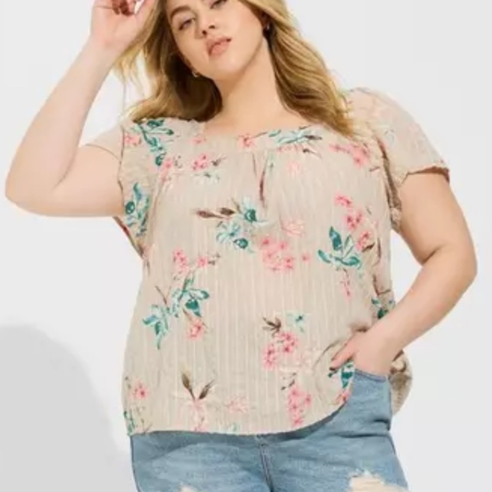 Torrid Clip Jacquard Square Neck floral bohemian Flutter Sleeve Top